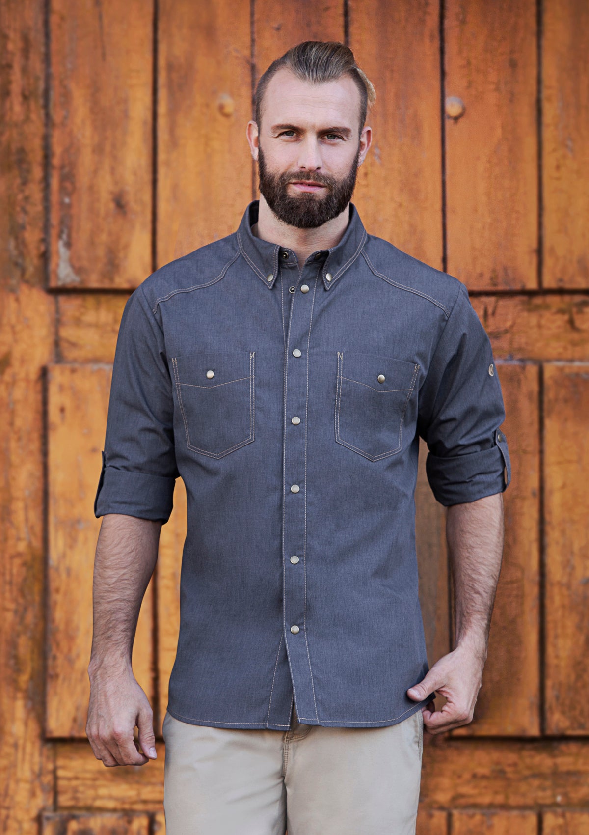 Camisa de chef estilo vaquero manga larga con cuello abotonado | Karlowsky